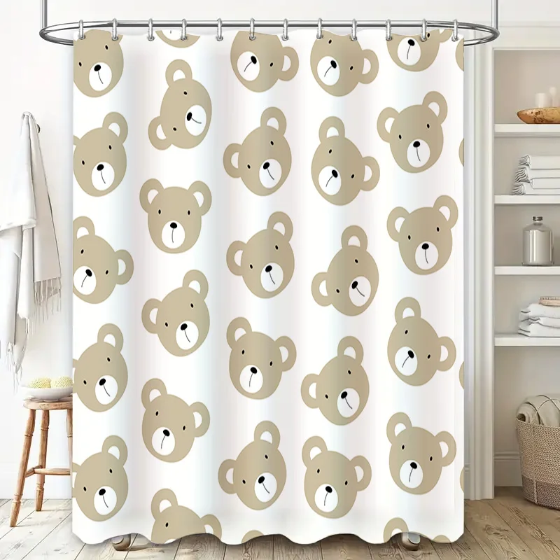 Teddy Bear Print Shower Curtain Waterproof Bath Decor Home Decoration Bathroom Liner Tails with Rings Neutral Color Set (White
