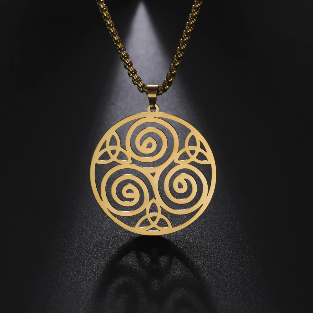 Triqueta Triple Spiral Pendant Necklace for Men Stainless Steel Necklaces Viking Jewelry Wicca Amulet Accessories Box Chain