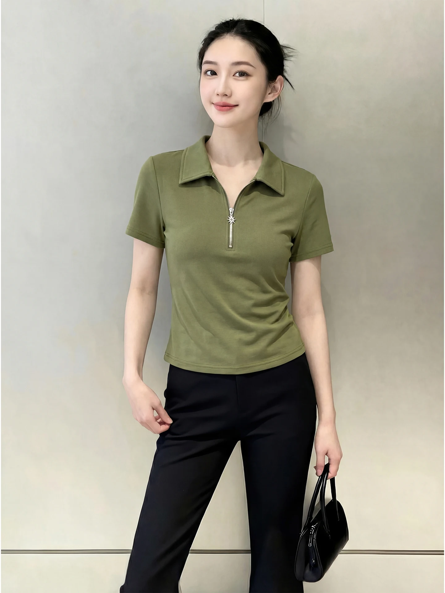 

een Button Design Slimming Versatile Women's T-irt Spring 2026 Collar ort Sve Breathable Casual Faion