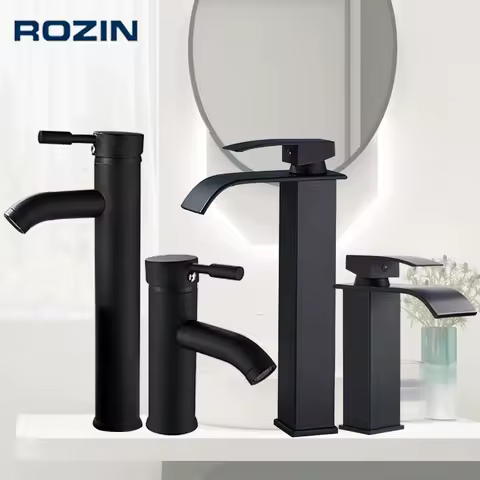 Rozin Matte Black Basin Faucet Deck Mounted Single Lever Bathroom Crane Waterfall Brass Bathroom Tap Hot Cold Water Mixer Taps