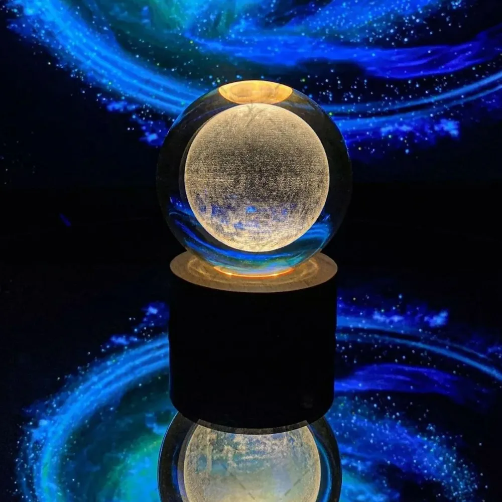 Moon Crystal Ball Light Clear Pattern USB Powered Night Light Wooden Base 3D Engraving Technology LED Night Light Birthday Gift