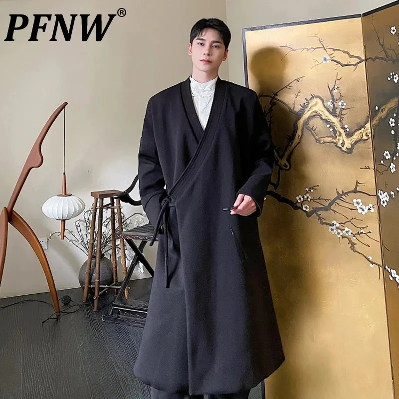 

PFNW Men's Thickened Woolen Coat Autumn Winter Clothing Vintage Lace Up Long Overcoat Trend Korean Style Male Windbreaker 9C2952