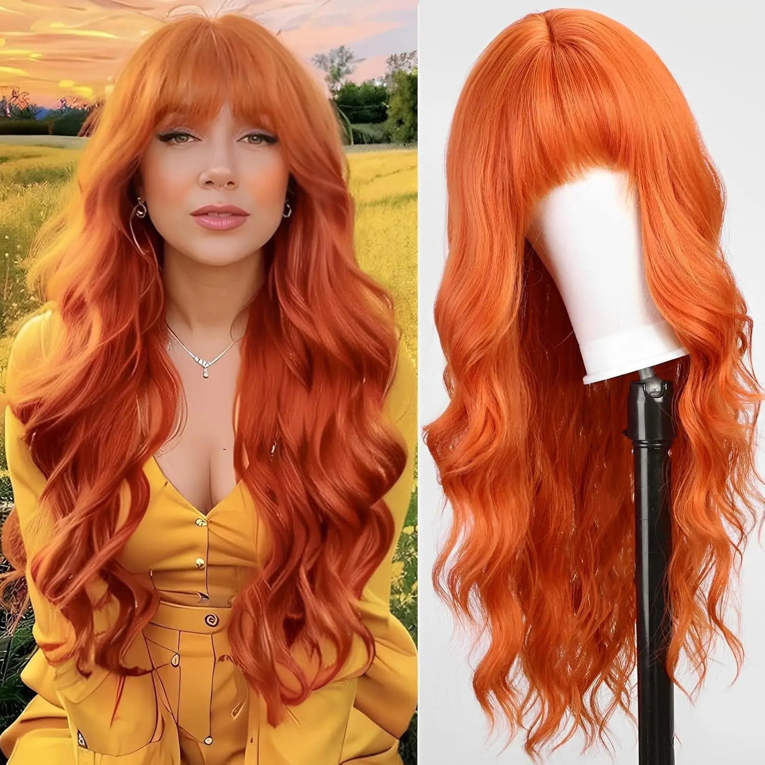 

Women's fashion synthetic fiber head set orange wine red bangs long curly hair water ripple high temperature silk wig head set