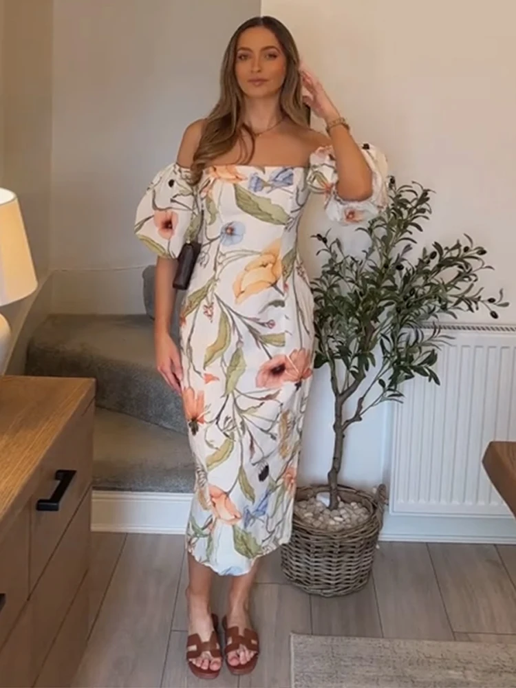 Elegante abito lungo stampato con spalle scoperte Donna Slim Backless Manica a sbuffo Abiti aderenti Donna 2025 Summer Chic High Street Robe