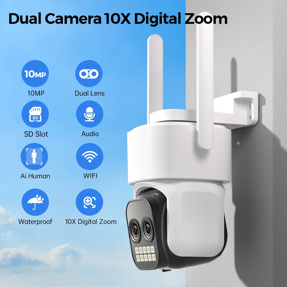 10MP Outdoors Wifi Camera 5K HD Double Lens Security 5G PTZ IP Camera 10X Digital Zoom Lens Human AI Auto Detect Tracking Camera