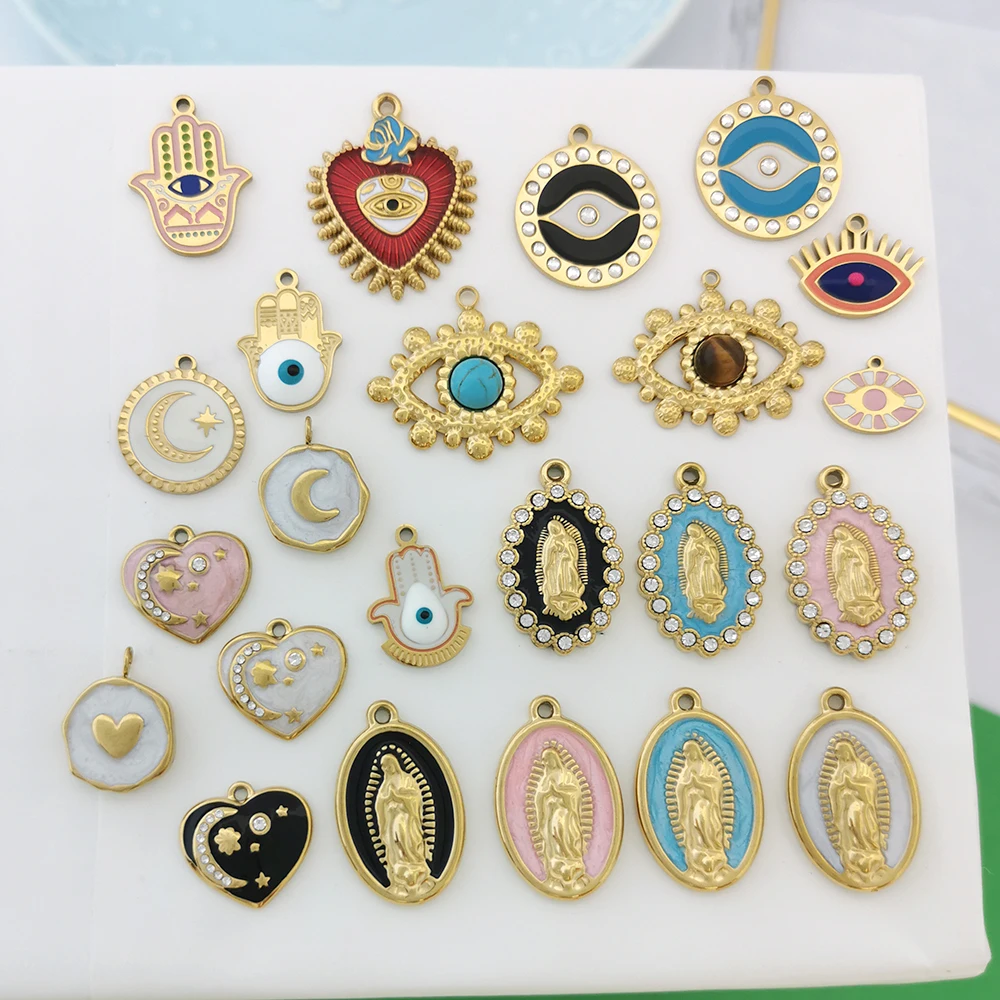 2pcs/lot Pendant Charm Virgin Mary Evil Eye Moon Star Hand Palm Heart White Stainless Steel Necklace Gold Color Wholesale QMHJE
