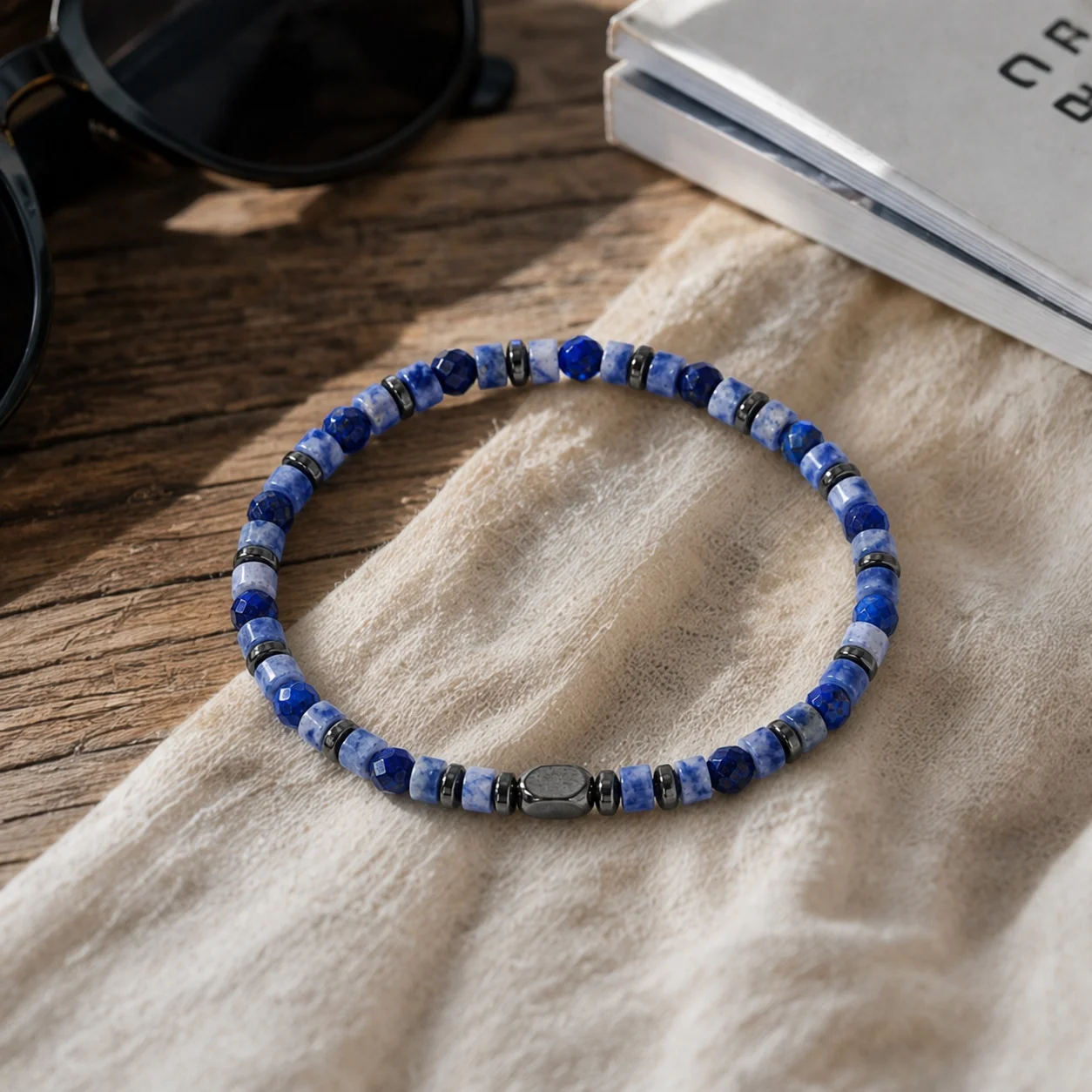 1pc Blue Semi Precious Stone Beaded Bracelet with Round Beads Natural Style Unisex Bracelet for Women Men Birthday Gift