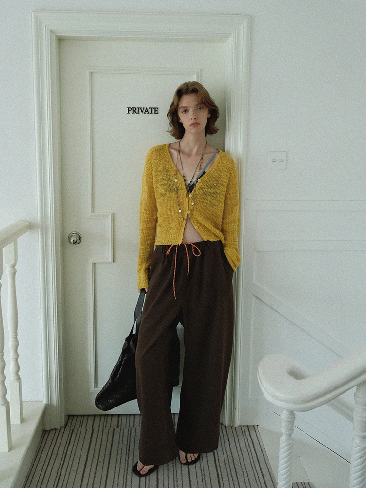 RORIRI السراويل البني للنساء الملونة الرباط مرونة الخصر واسعة الساق تنوعا سراويل تقليدية فضفاضة تناسب ثنى السراويل الطويلة #3