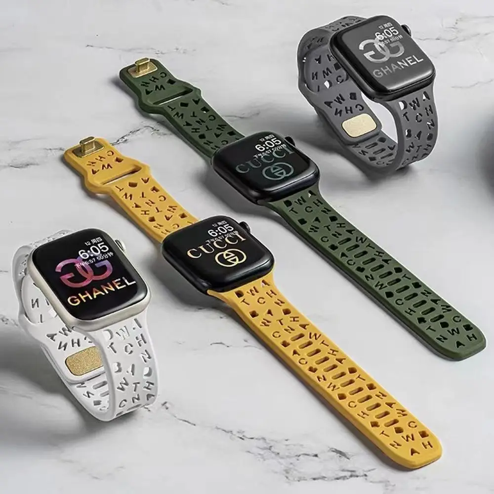 透かし彫りシリコンウォッチバンド,レターデザイン,Apple Watch 9,8,7,6,5,4,Ultra,49,45,42mm用アクセサリー,女性と男性へのギフト