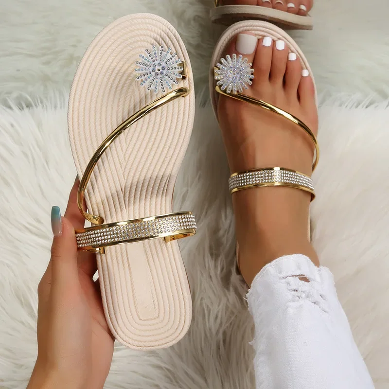 Frauen Sommer flache Strass Blume Strand Hausschuhe bequeme Clip Toe Dame flache Strand Sandalen lässig weibliche Flip Flops zapatos mujer