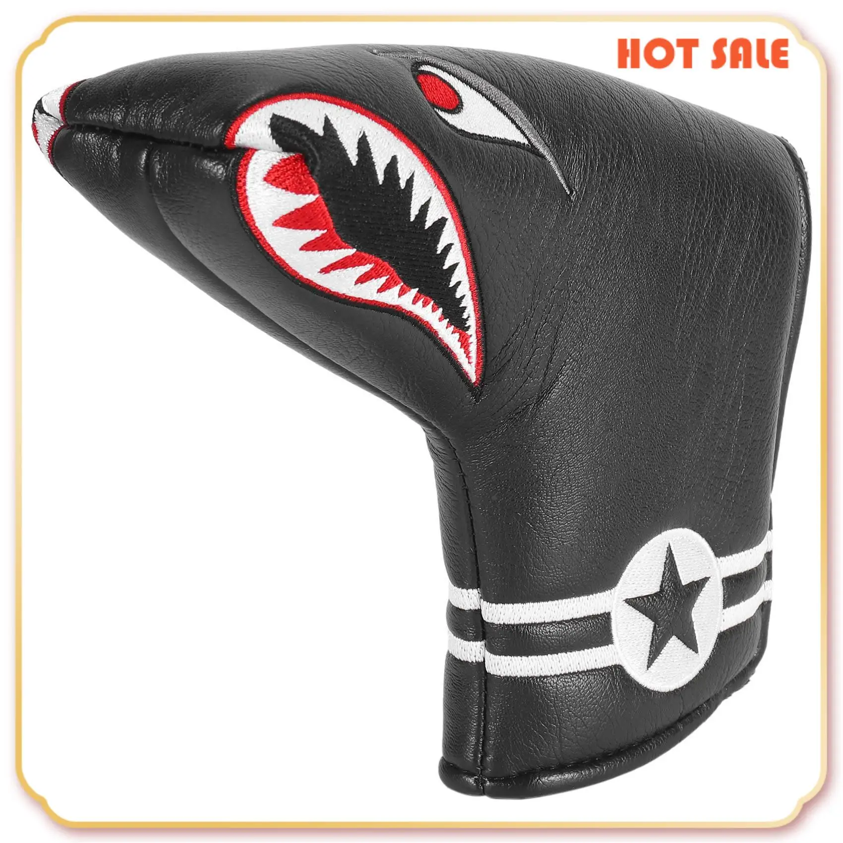 

ABFA 1Pc Black PU Leather With Shark Embroidery Magnet Golf Blade Putter Head Cover Golf Club Putter Headcover