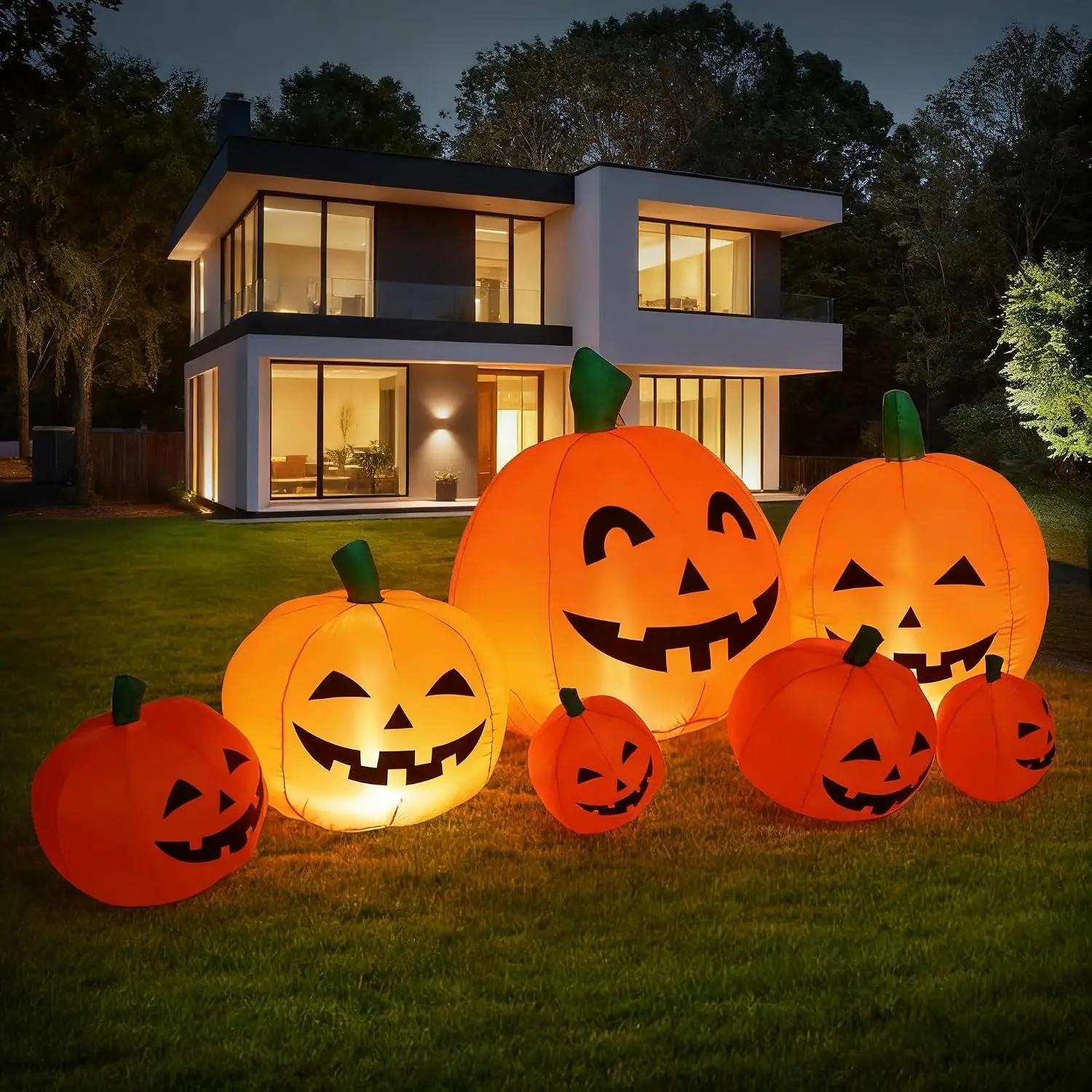 8Ft Long Fall Inflatable Pumpkin Patch Blow Up Thanksgiving Halloween Large Party Yard Outer Decoration