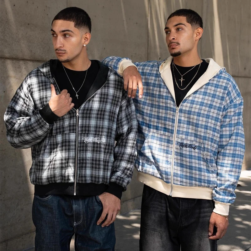 Unisex Reversible Zip Up Hoodie Double Side Wear Plaid Lining Sweatshirt Oversized Casual Streetwear Hooded Top