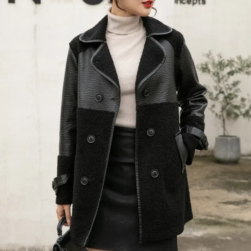 New Winter Women Leather Trench Coats Fleece Warm Long Jackets Good Quality Women Plaid Casual Loose PU Leather Trench Coats 5X