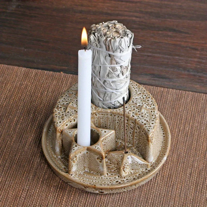 1 Stück Keramik-Kerzenhalter 4-in-1 in Morandi-Farben mit Sternen- und Mond-Design für Salbei- und Palo-Santo-Räucherstäbchen (ohne Räucherstäbchen)