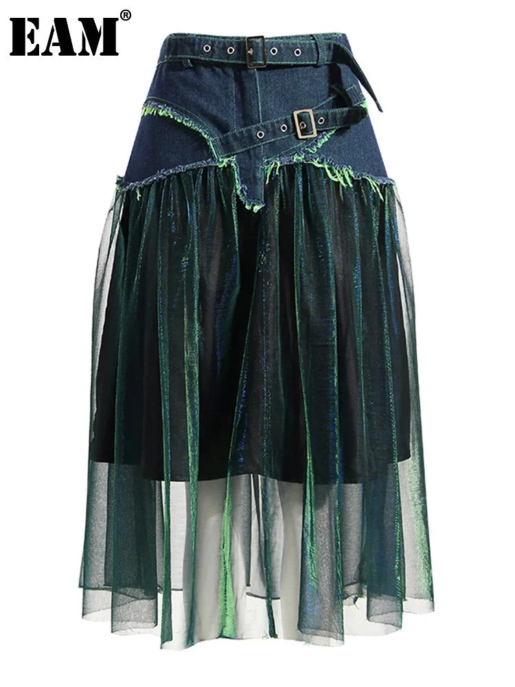 [EAM] High Waist Blue Green Mesh Irregular Long Burr Casual Half-body Skirt Women Fashion Tide New Spring Autumn 2025 17A7373