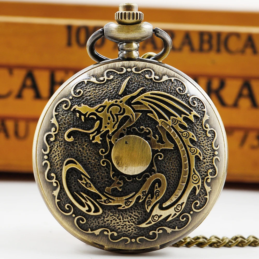 

Bronze Vintage Chinese Dragon Quartz Pocket Watch Necklace Chain Flip White Dial Fob Watches Gift for Men reloj de bolsillo