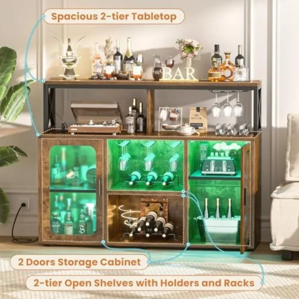 

Hot-sellingBar Cabinet with Power Outlets, LED Lights, Adjustable Shelves - Rustic Brown Wine Storage Cabinet