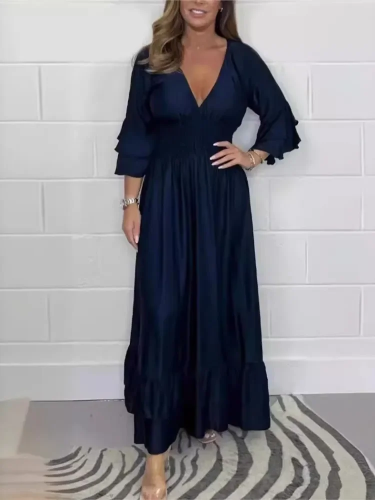 Damesmode Temperament Satijn V-hals Ruches Jurk Zomer Elegante Eenvoudige Effen Kleur Woon-werkverkeer Elastische Taille Jurken