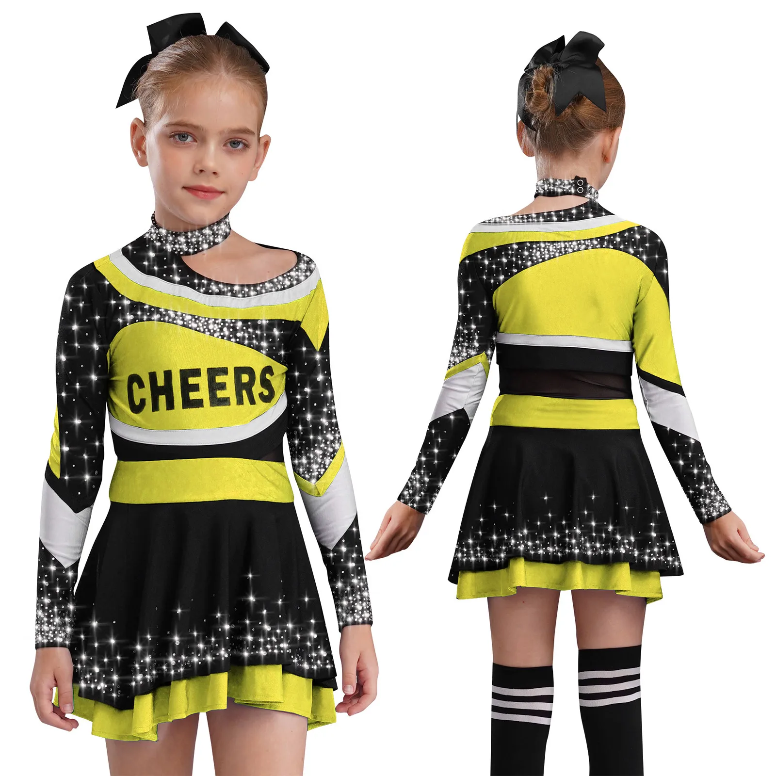 

Competition Cheerleading Dance Outfits High School Stage Performance Costume Long Sleeve Top with Skirt Cheering Suit