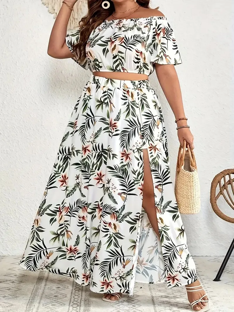 GIBSIE Plus Size Women\'s Bohemian Tropical Print Off-Shoulder Crop Top and High Split Long Skirts 2 Piece Sets Women Outfit New