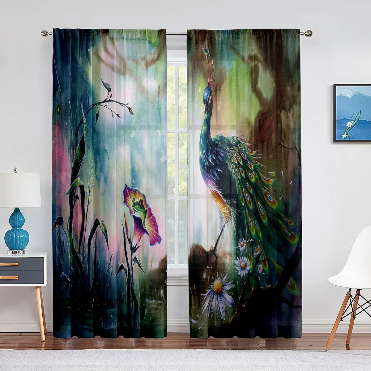 Colorful Artistic Oil Painting Peacock Curtains for Living Room Bedroom Kitchen Decor Modern Transparent Window Curtains 2panels