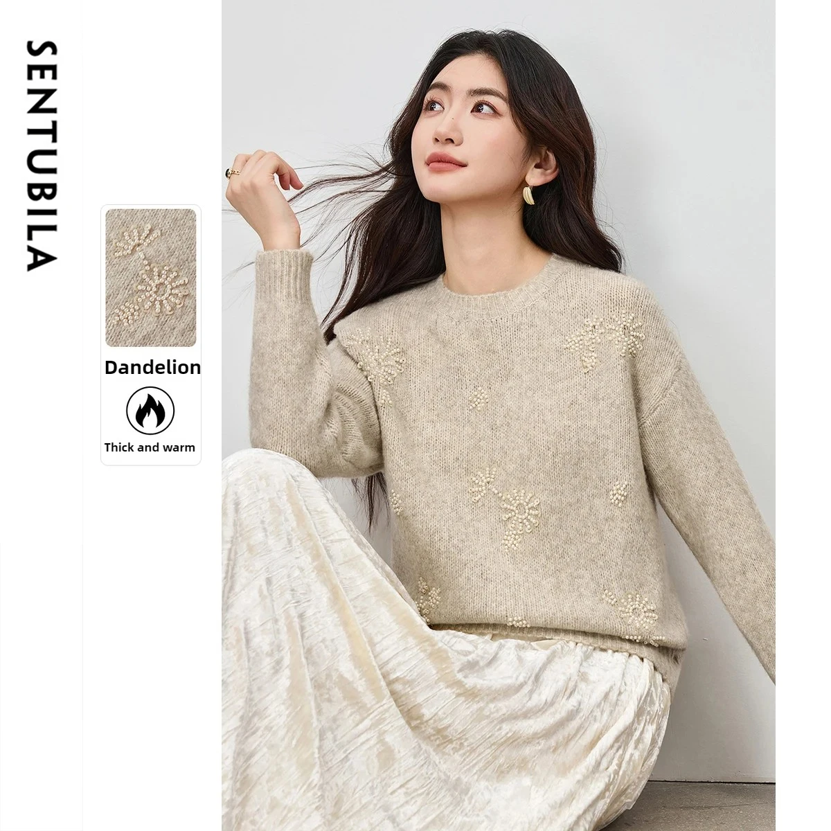 

ENTUBILA женский эластичный теплый толстый пуловер, осень 2022, вязаный топ с круглым вырезом и длинными рукавами, свободный офисный женский свитер W54EE3854