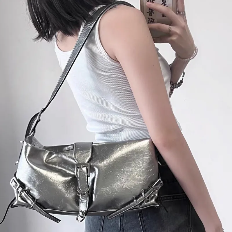 Inny-Sac baguette en argent Y2k pour femme, vintage, mode coréenne, initié, tendance, punk, Harajuku, esthétique, sacs à bandoulière