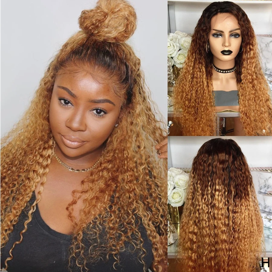 

Soft Preplucked 26inch Long 180% Density Ombre Honey Blonde Kinky Curly Lace Front Wig For Black Women Babyhair Glueless Daily