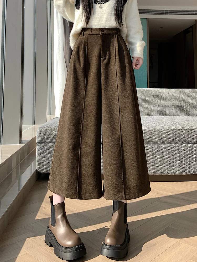 

Шерстяные брюки-палаццо Ele для женщин, весна-осень, теплые, повседневные, свободного кроя, с высокой талией, на пуговицах, из полиэфирного волокна