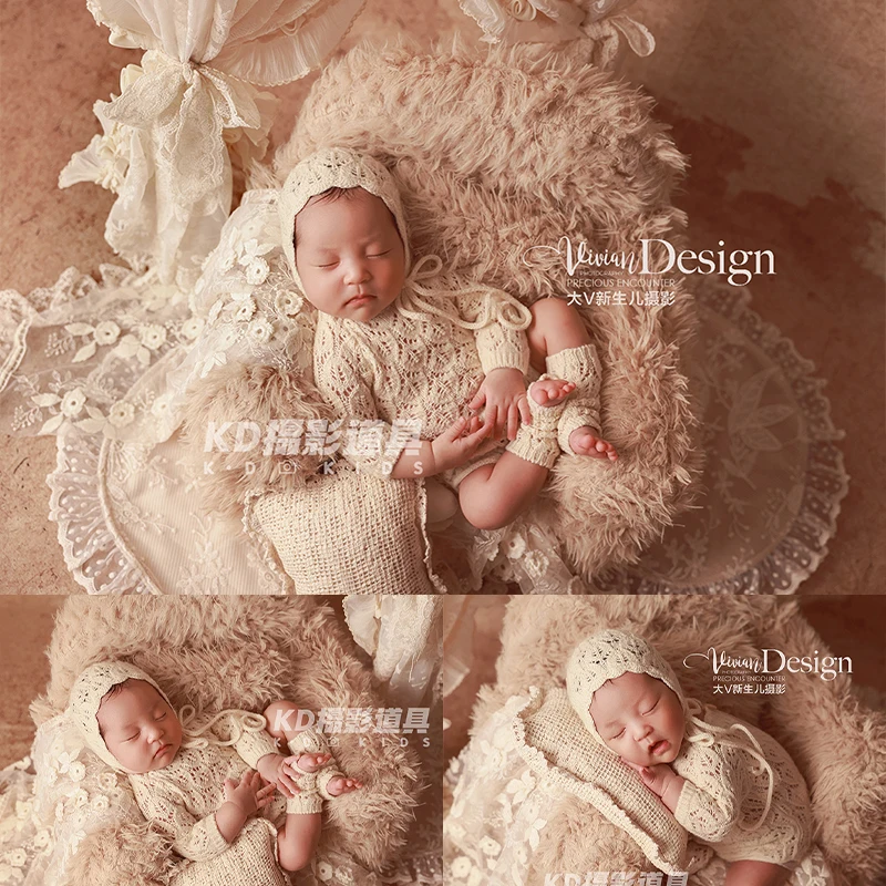 خمر الوليد التصوير الزي البيج محبوك الدانتيل رومبير + بونيه + الجوارب مجموعة ريترو ستايل الطفل صور الدعامة لحديثي الولادة اطلاق النار #1