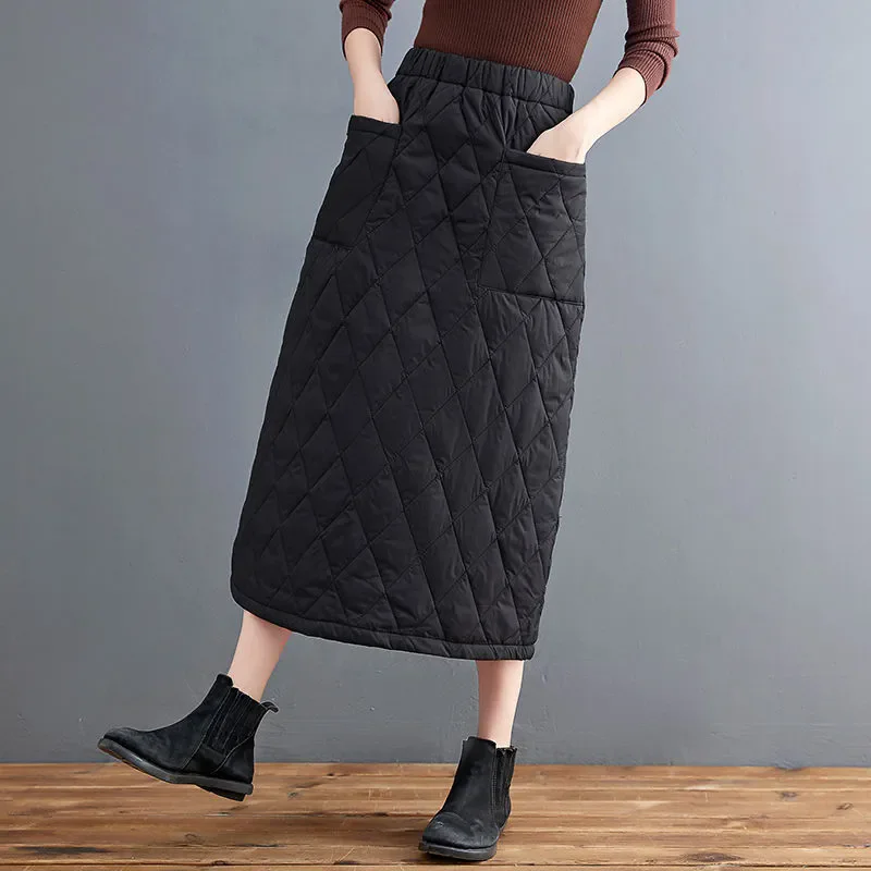 Women Winter Skirt Windproof Warm Down Cotton Skirt High Waist Quilted Cotton Padded Skirts Office Lady Elegant Skirt