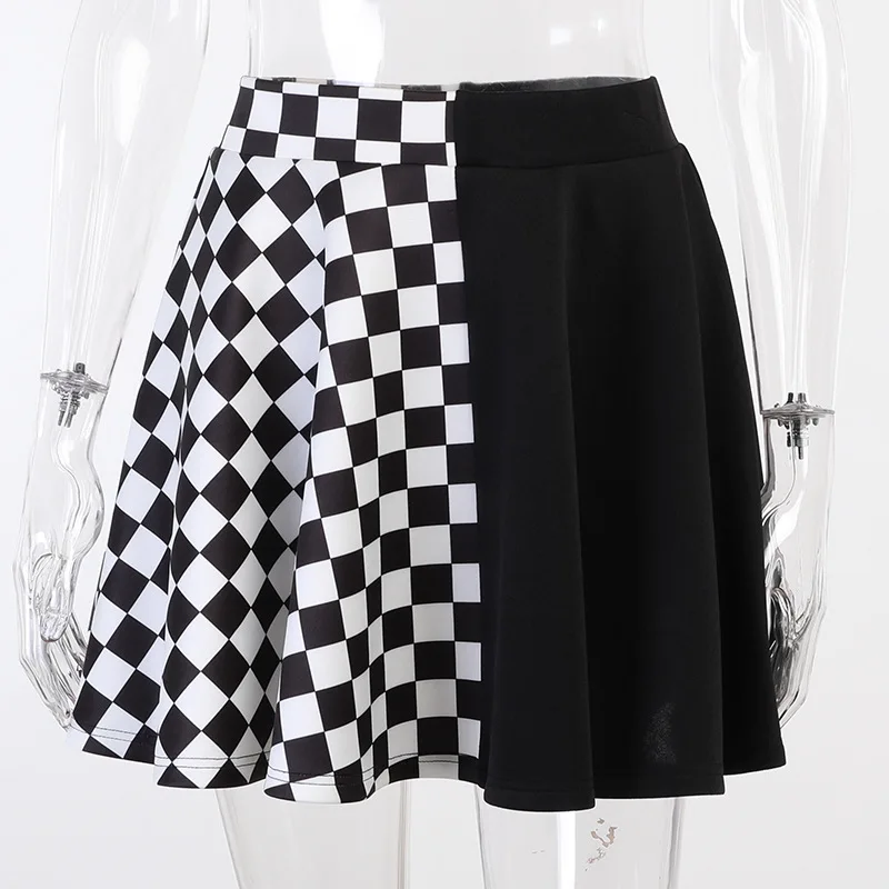 Goth Dark Plaid Pleated Skirt Black on White Contrast Patchwork Skirts High Waist Harajuku E-Girl Partywear