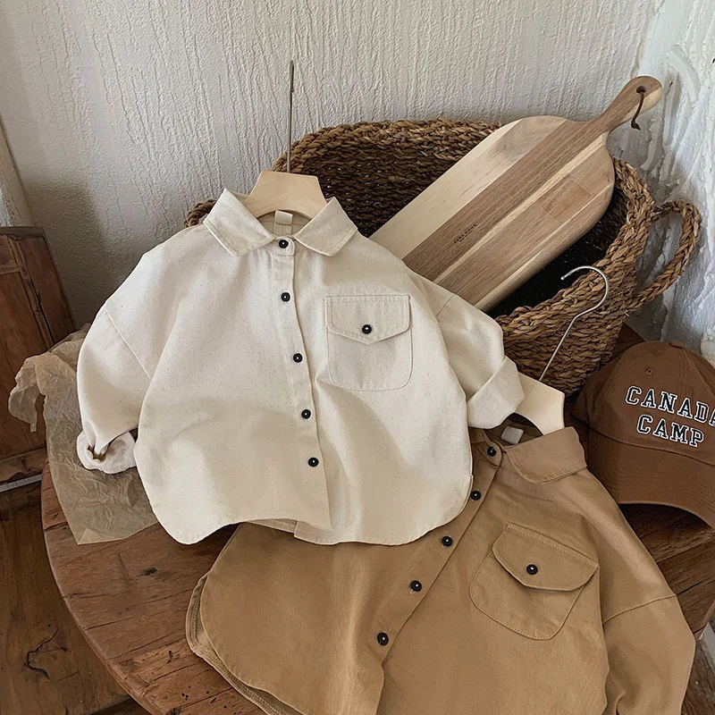 Spring Autumn Children Shirts 1-8Y Boys Cotton Pocket Solid Casual Long Sleeve Tops Korean Toddler Wear For Kids Clothing New
