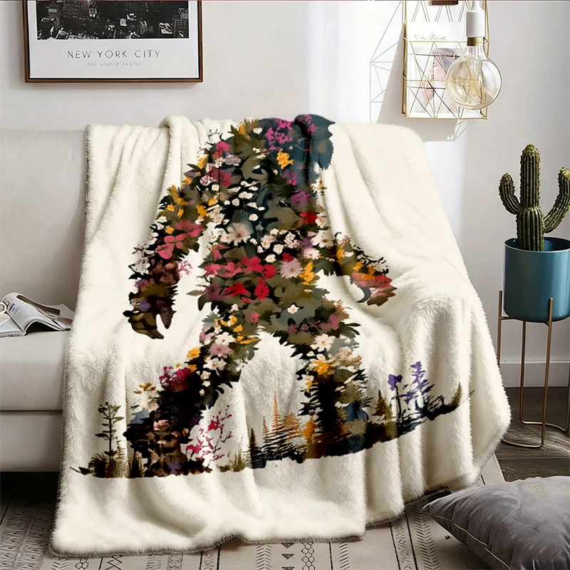 Floral Big Foot Comfy Blanket, Aesthetic Bigfoot Adventure Flannel Blanket, Funny Camping Flannel Throw