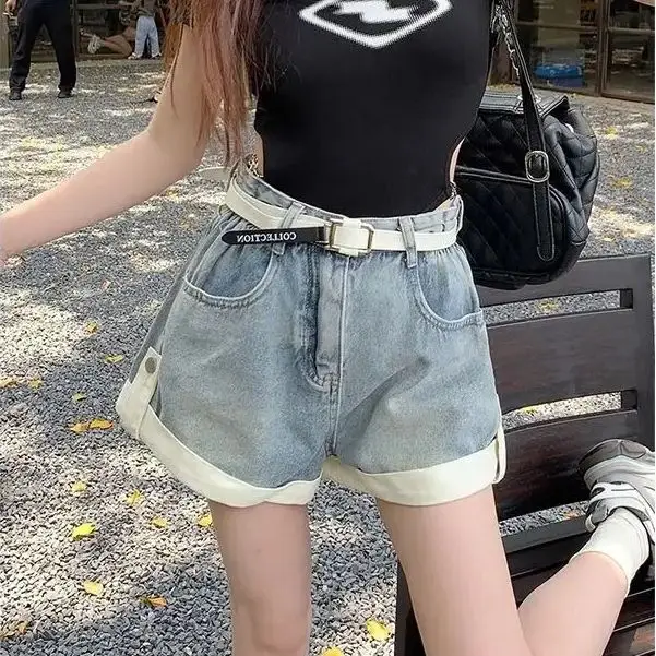 Light-Colored Curly Denim Shorts Women Spring Summer Thin Design High Waist Slimming A-Line Loose Straight Wide-Leg Hot Pants