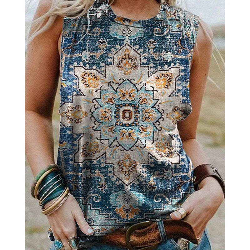 Western Style Tank Tops Geometry 3D Print Summer Fashion Women O-Neck Vest Off Shoulder Y2k Sleeveless Camisole Woman Clothing