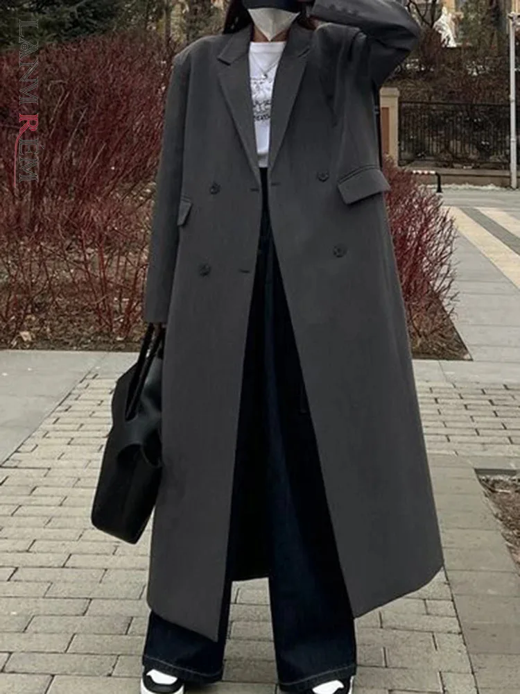 

LANMREM Women's Long Blazer Coat Notched Collar Long Sleeves Double Breasted Loose Style Female Fashion Streetwear 2DA8071