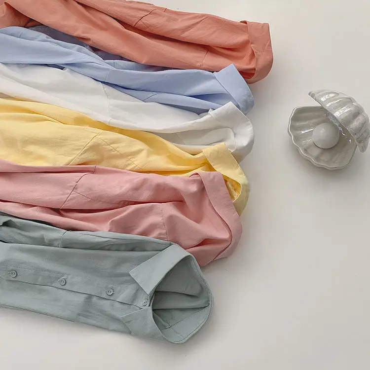 

Свободный длинный све, однотонный INS irt, корейский студенческий модный повседневный женский топ с воротником-стойкой и пуговицами