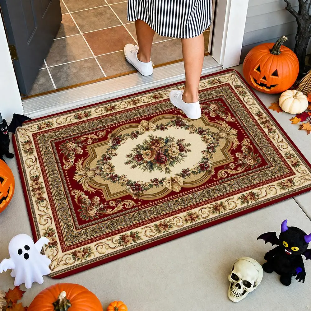 Elegant Vintage Floral Medallions Floor Mat Flannel Rug Soft Non Slip Washable Door Mat For Bathroom Bedroom Kitchen Home Decor
