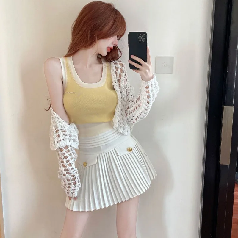 Rosy Cardigan Women Sweet Style Hollow Out Sun-proof Fashion Holiday Hotsweet Chic Knitwear Thin Summer Casual Pure Color Knit