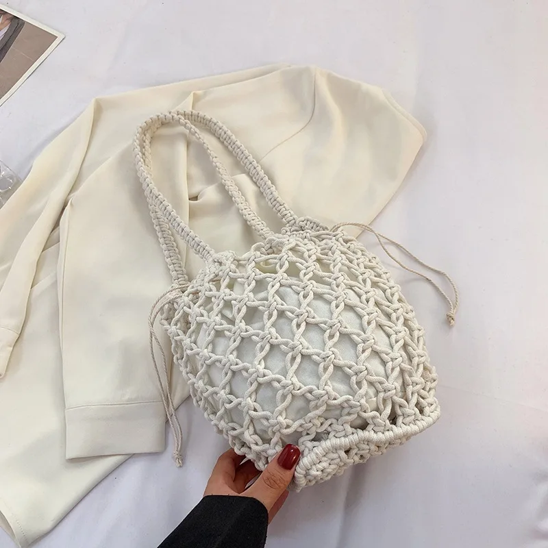 Sommer Strand Tasche Für Frauen Mesh Seil Gestrickte Eimer Schulter Taschen Reticulate Hohl Reise Shopper Totes Damen Mode Handtasche – Detail 4