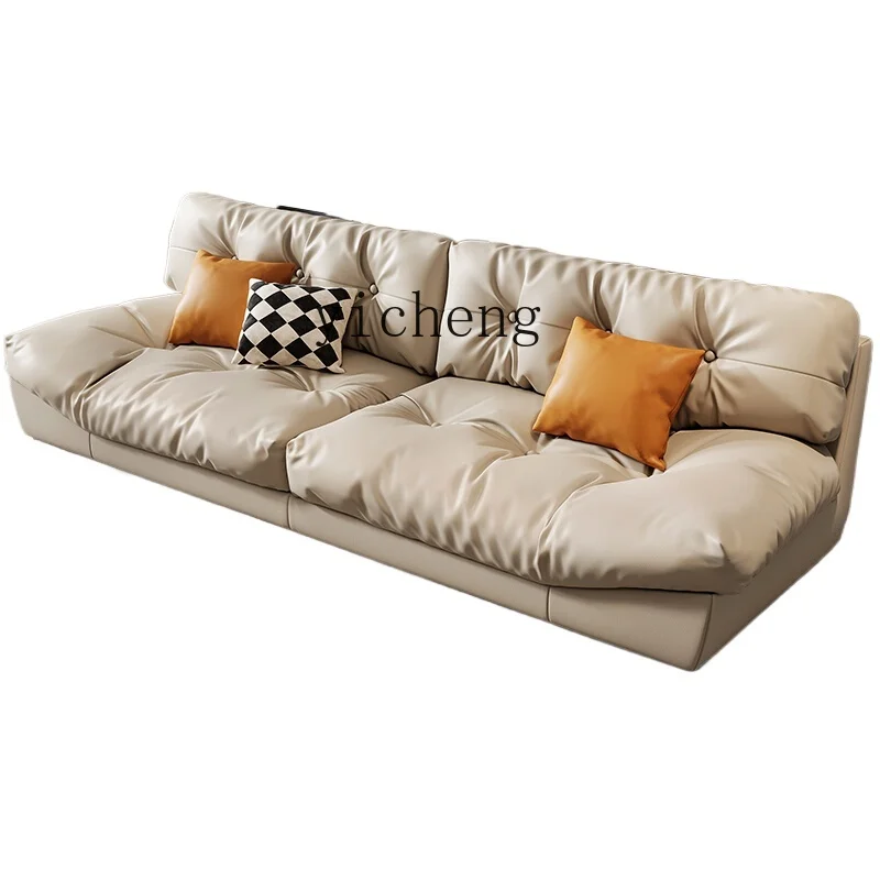 

TQH cloud leather sofa first layer cowhide cream style modern light luxury simple living room straight row sofa