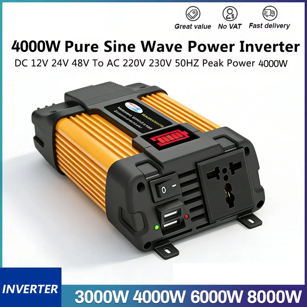 12V To 110V/220V Car Power Inverter 500W Rated 6000W Peak 5 Level LED Battery Display Dual USB Cigarette Lighter Solar Inverter