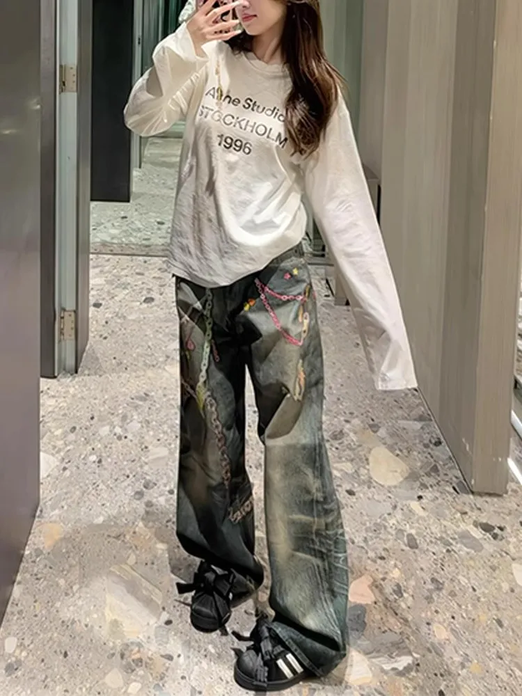 プリントウォッシュだぶだぶのジーンズ女性のためのストリートカジュアルデニムパンツワイドレッグストレートポケットジッパーデニムロングパンツ