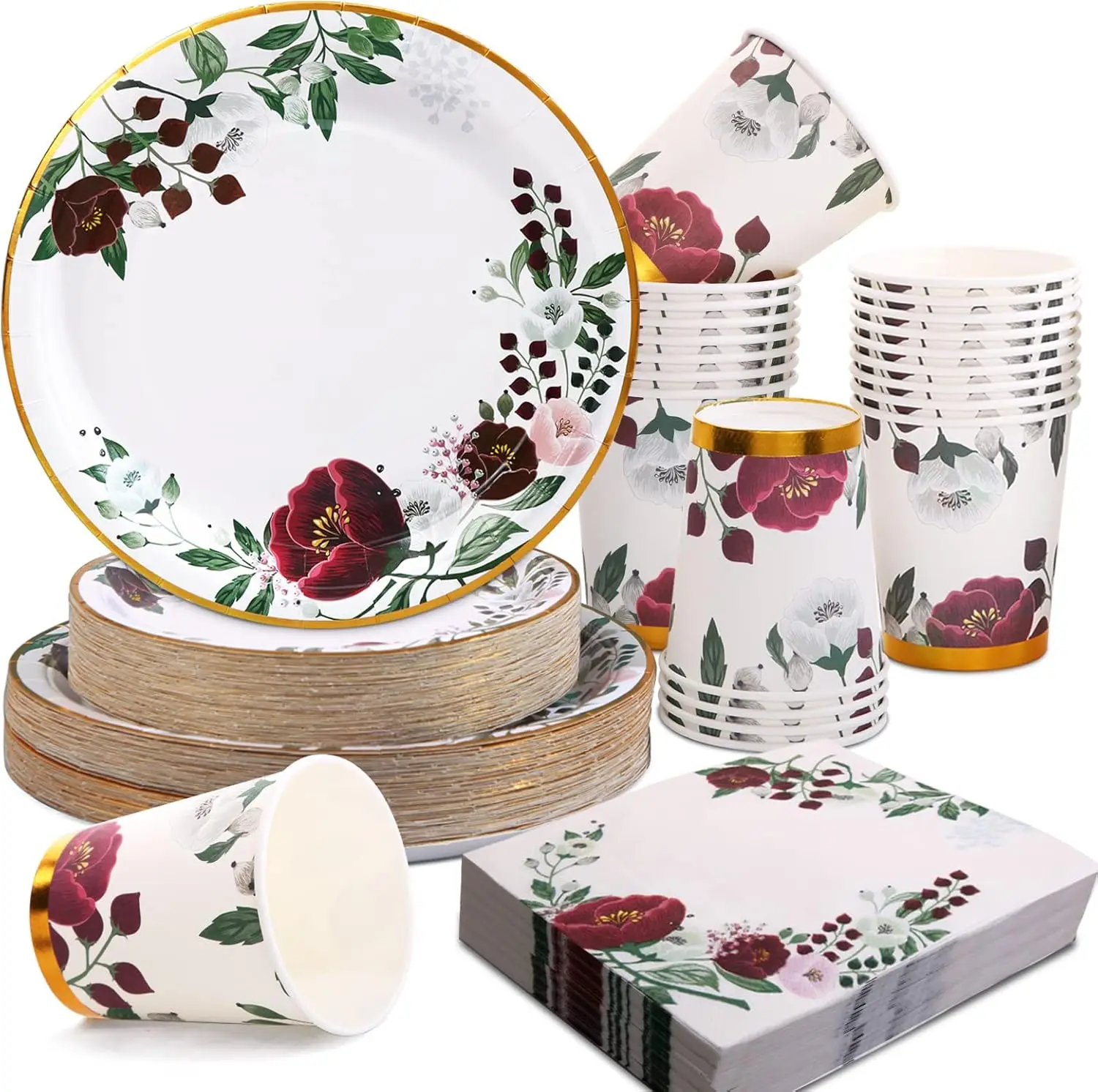 

200Pcs Floral Paper Plates and Napkins Party Supplies - Bridal Shower Decorations Serves 50, Burgundy for Wedding, Birth