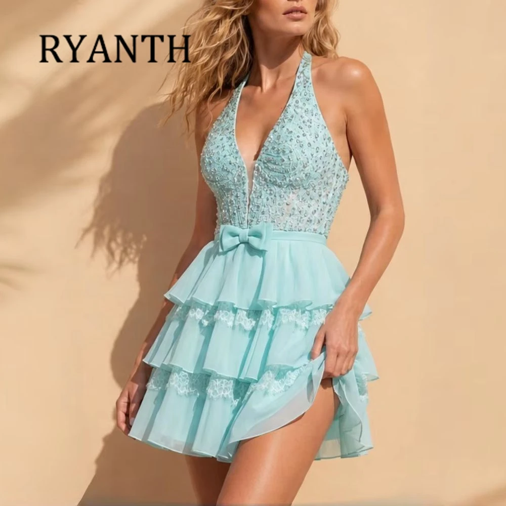 RYANTH  Halter Deep V-neck Short Homecoming Dress with Bow Rhinestone Beaded Cocktail Dress Tiered Ruffle Formal Gown Customized