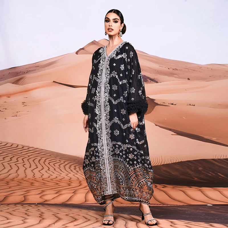 Kobiety Batwing Sleeve V Neck Dubai Muslim Fashion Luxury Abaya Loose Party Sequined Kaftan Modest Islam Long Maxi Dresses