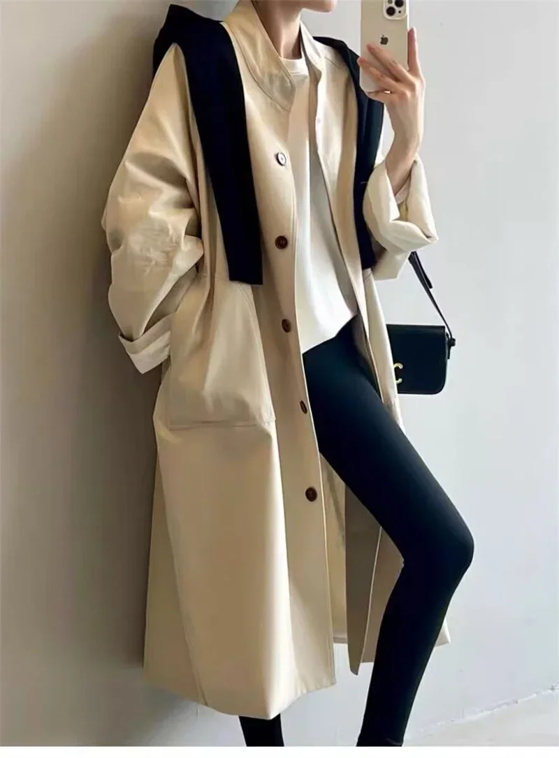 

Women's Fashion Long Trench Coat Standing Collar Spring Autumn Loose-Fitting Casual Slimming Coat Turn-Down Collar Single-Breast