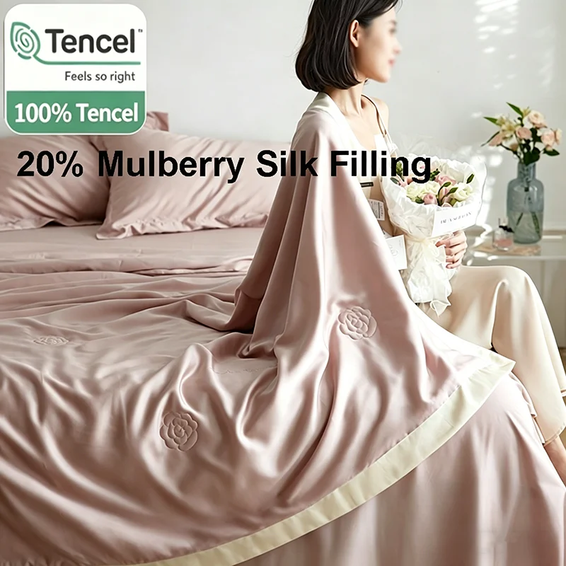 100% Lyocell Tencel Summer Cool Quilt 20% Mulberry Silk Cooling Comforter Hotel Travel Air Conditioning Quilts Machine Washable